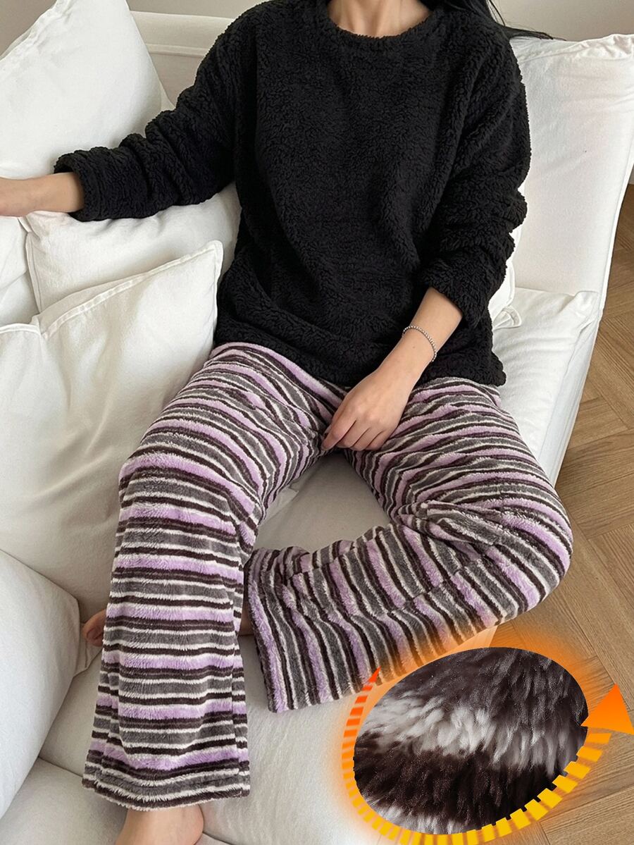 DAZY Women's Winter Warm Pajama Set With Top And Pants Fall - Black - View 1