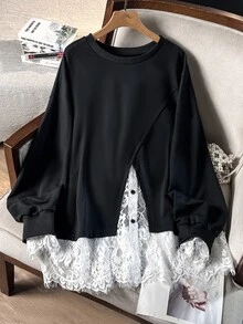 Lacomfia Women's 2 In 1 Long Sleeve Lace Patchwork Casual Versatile Plus Size Sweatshirt - Black - View 1