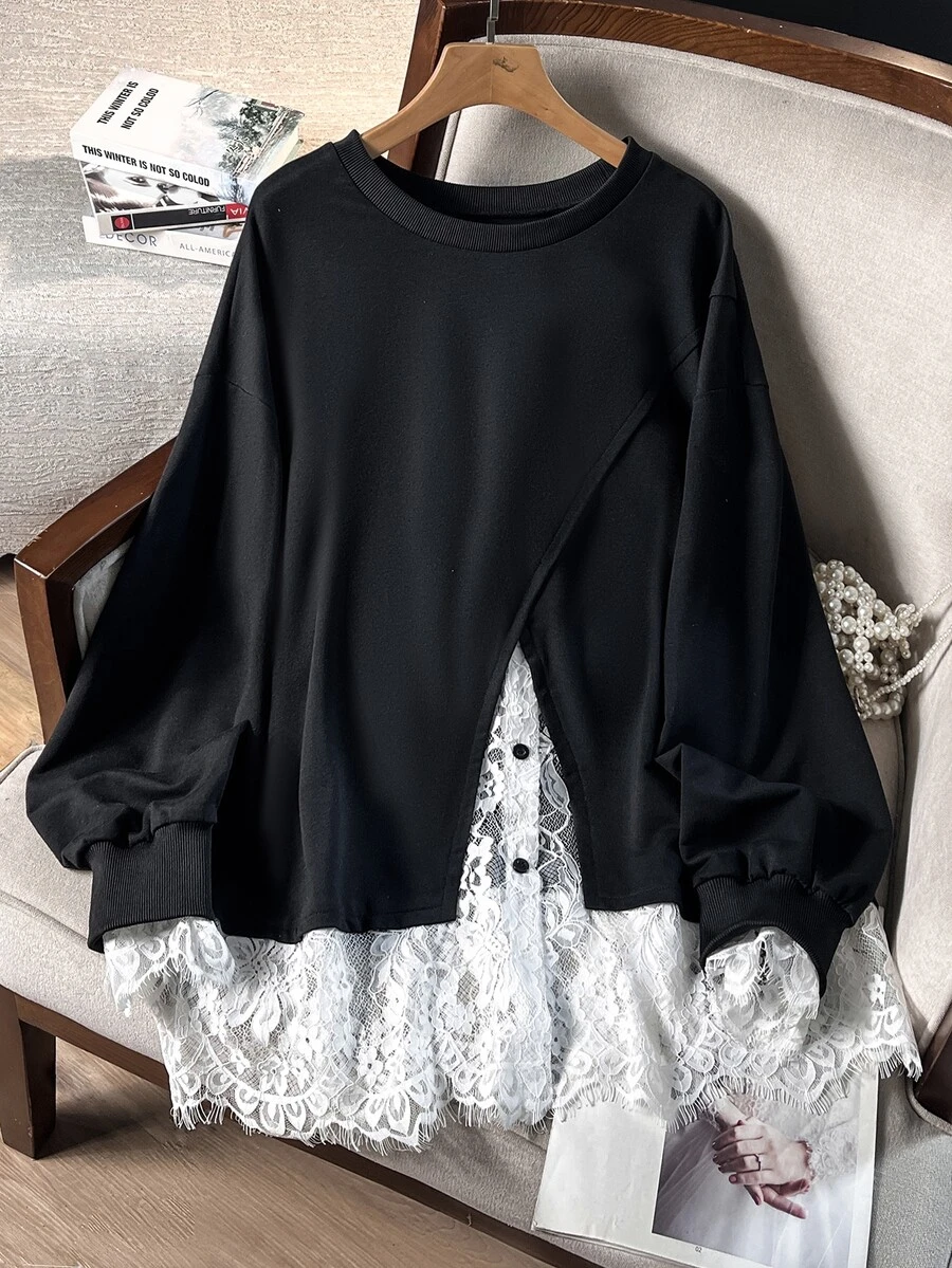 Lacomfia Women's 2 In 1 Long Sleeve Lace Patchwork Casual Versatile Plus Size Sweatshirt - Black - View 1
