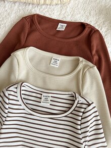 SHEIN 女嬰針織素色條紋圓領休閒T恤上衣3件套 - 彩色 - 查看 4