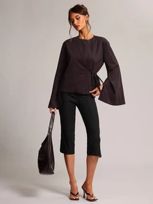 SHEIN BAE Jaket Lengan Panjang Wanita Warna Polos Kasual Elegan Serbaguna untuk Sehari-hari, Kantor, Cokelat Tua, Musim Gugur - Red Violet - View 5