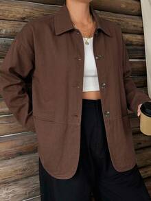 Dazy Plus Lapel Loose Long Sleeve Open Front Denim Jacket, Urban Casual Washed Denim Loose Jacket, Plus Size Autumn New Arrival - Brown - View 6