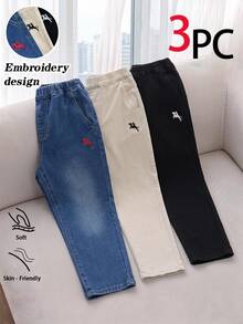 Tween Boys' 3PCS  Jeans, Embroidery Design, Pocket Design,Soft Cotton, Formal,  3 Colors,Aqua Blue Beige Black,Autumn,Back To School . - Multicolor - View 1