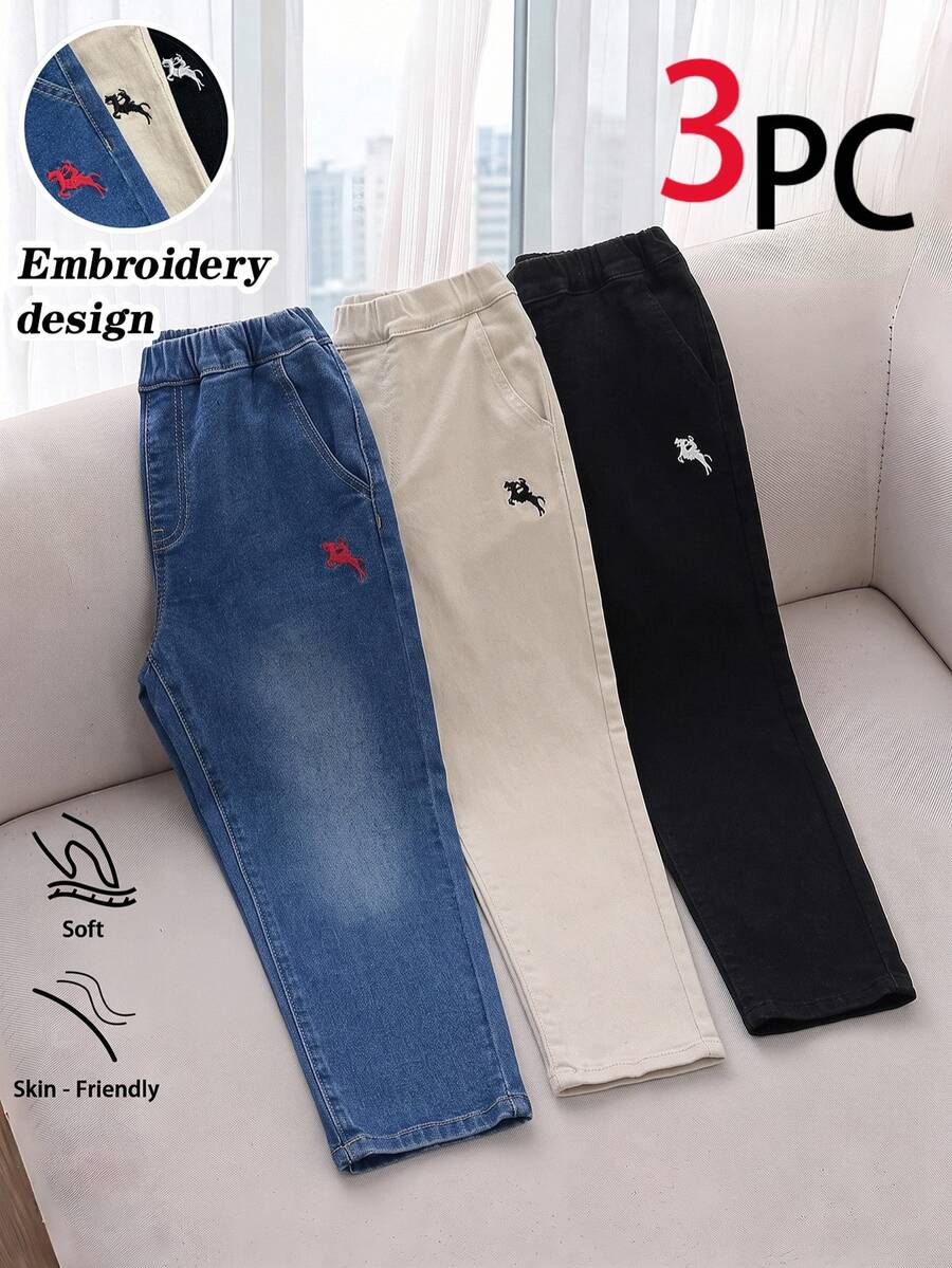 Tween Boys' 3PCS Jeans, Embroidery Design, Pocket Design,Soft Cotton, Formal, 3 Colors,Aqua Blue Beige Black,Autumn,Back To School . - Multicolor - View 1