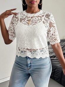 SHEIN PETITE CURVE 大尺碼女款法式性感透視蕾絲上衣 - 白色 - 查看 3