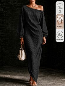 Omancia Gaun Kasual Longgar dengan Bahu Asimetris, Lengan 3/4, Motif Garis-garis untuk Wanita - Hitam dan Putih - View 6