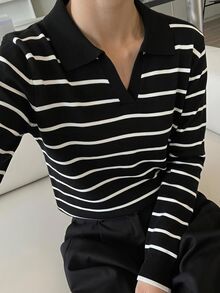 DAZY 女款領口條紋套頭短袖針織衫 - 黑與白 - 查看 3