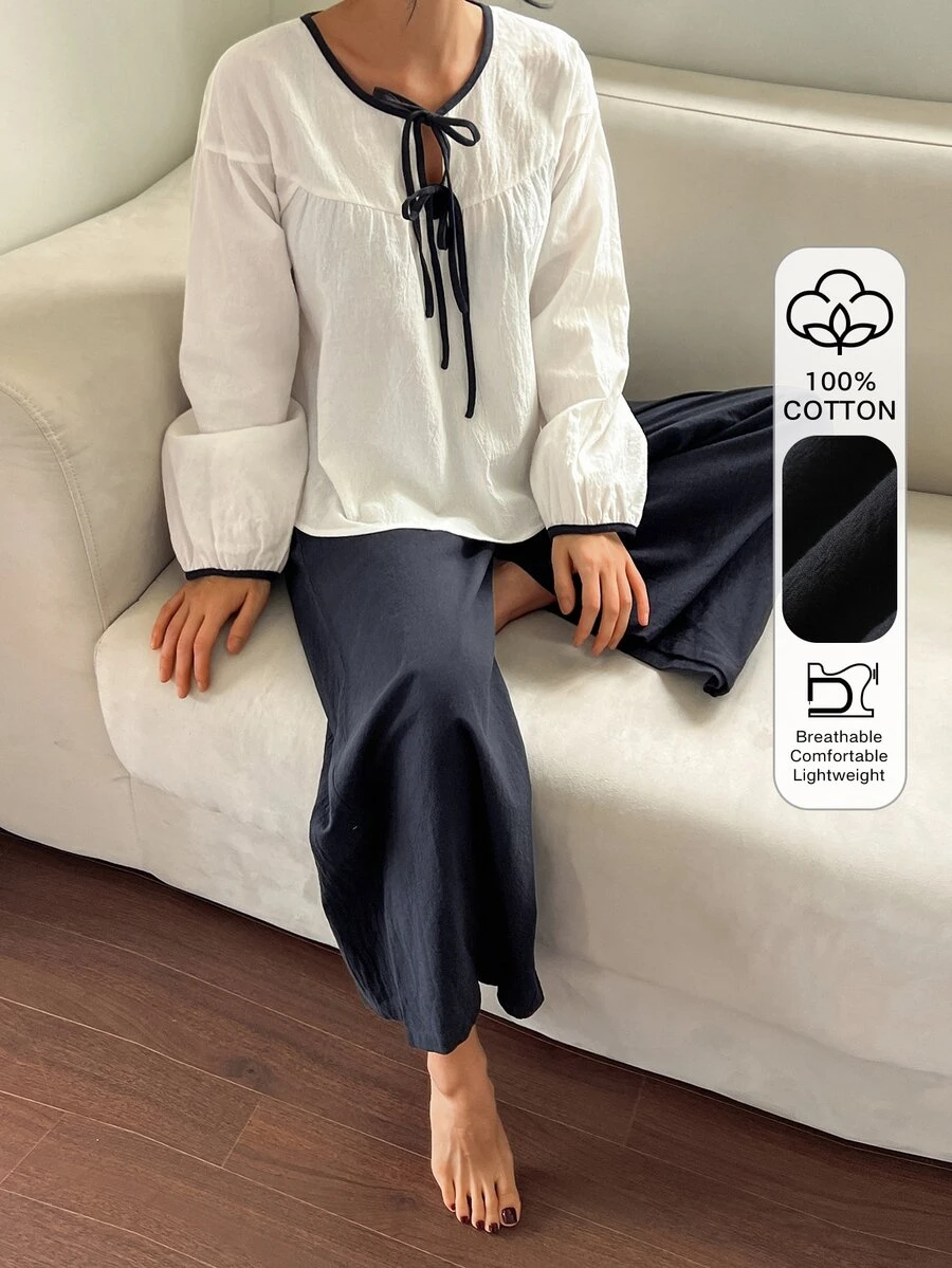 DAZY Autumn Elegant Contrast Color Tie Drawstring Petal Sleeve Women's Pajama Set - White - View 1