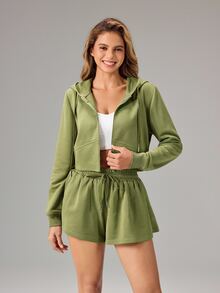 OutZeal Women Sports Jacket Casual Workout Gym Cropped Zip Up Hooded Jacket - Green - View 8