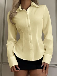 SHEIN EZwear 女款休閒收腰長袖鈕扣襯衫，適合秋冬穿著 - 鵝黃色 - 查看 1