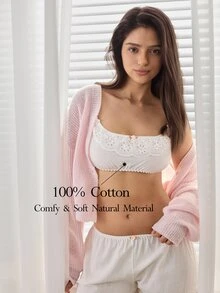 Ocili Pure Cotton Comfortable Women's Floral Embroidery Hollow Lace-Up Design Bud Bra - White - View 1