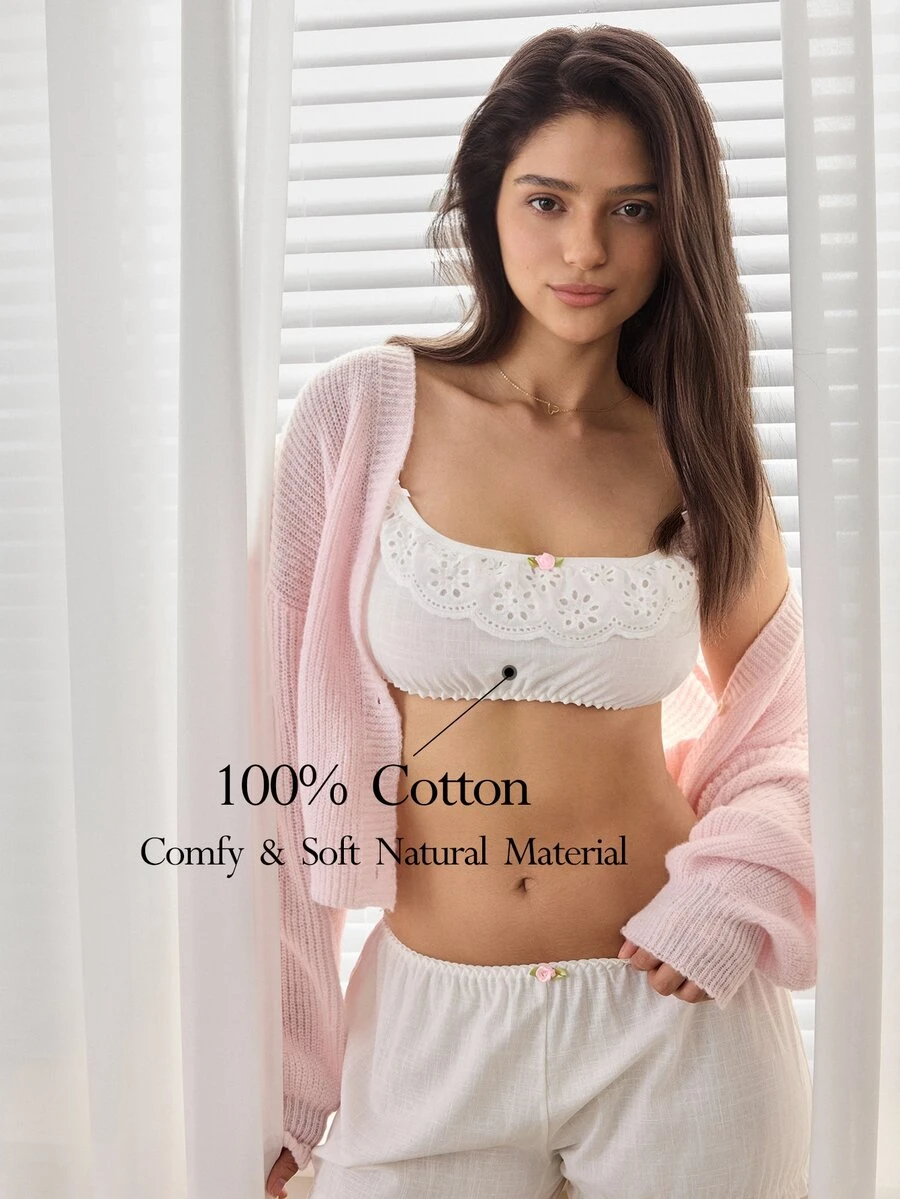 Ocili Pure Cotton Comfortable Women's Floral Embroidery Hollow Lace-Up Design Bud Bra - White - View 1