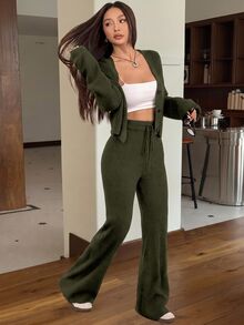 SHEIN EZwear 2件組女款休閒純色寬肩帶開襟衫與抽繩腰喇叭褲套裝，秋冬款 - 軍綠色 - 查看 5
