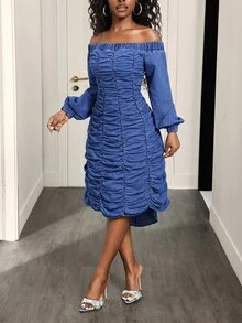 Slaydiva Slimming Elegant Casual Women's Denim Dress - Blue - View 3