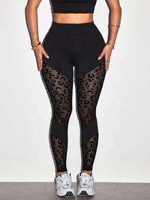 Slayform 1pc Regular Leggings + Flocked Patchwork Design/Basic Style/Black + Sports Leggings + Fitness/Yoga - Multicolor - View 6