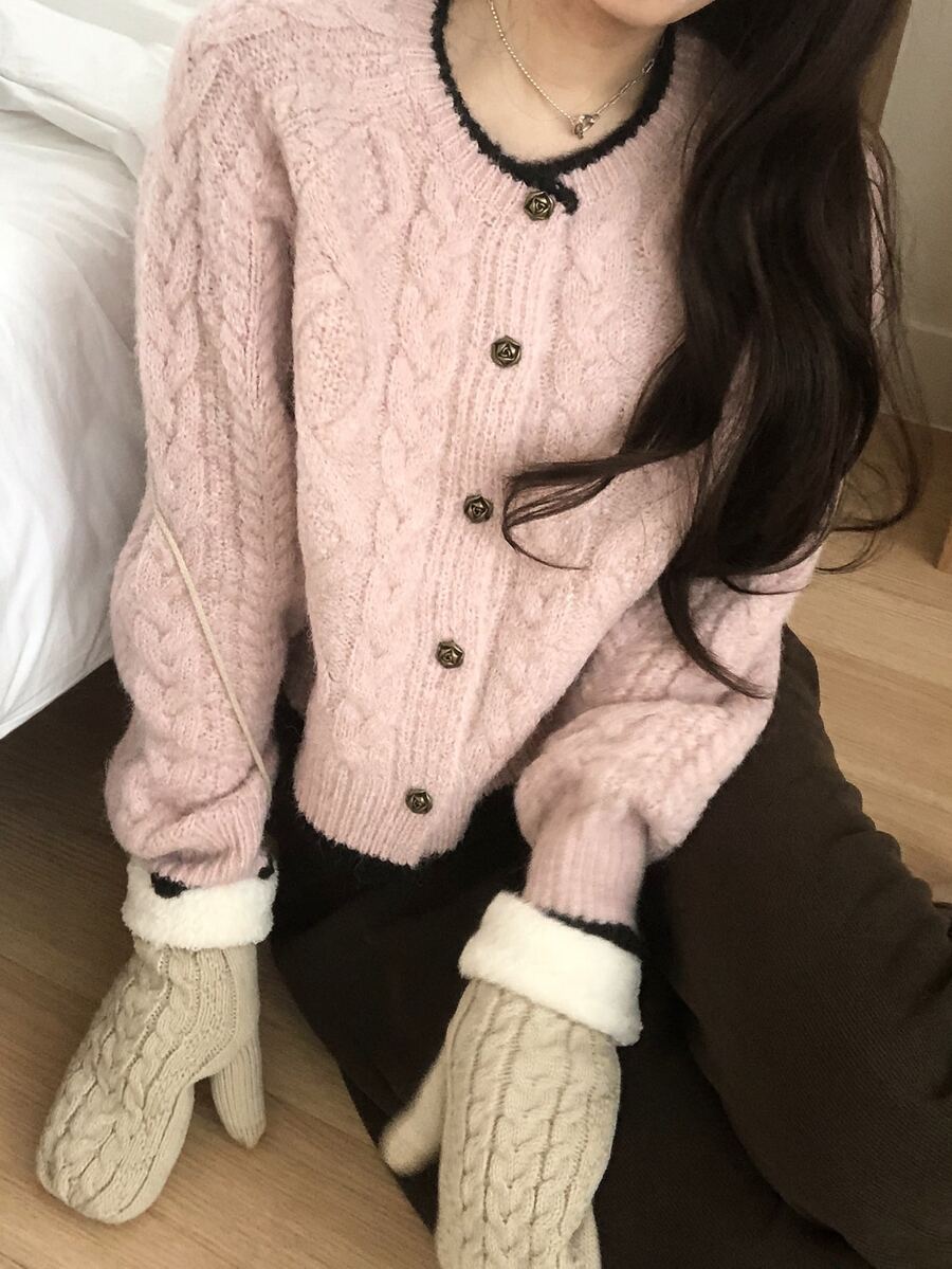 DAZY Women's Contrast Color Korean Style Long Sleeve Cardigan, Autumn/Winter - Pink - View 1