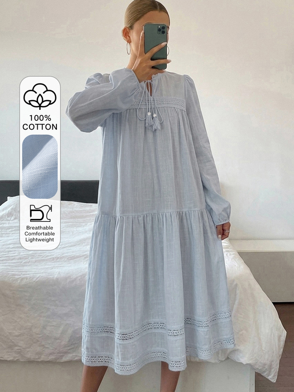 DAZY Loose Solid Color Long Sleeve Dress Women Nightgown