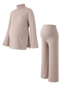 Momance Maternity Sweater Set Loose Fit Half-High Neck Bell Sleeve Split Hem Top & Adjustable Waist Pants Casual Everyday Solid Color Versatile Knitwear Set - Khaki - View 5