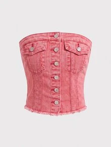 SHEIN MOD 女款單排扣時尚抹胸牛仔上衣 - 西瓜粉 - 查看 1