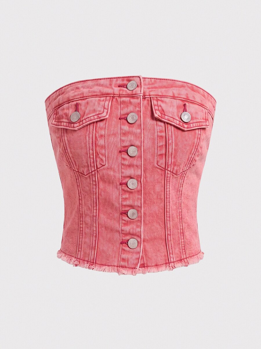 SHEIN MOD 女款單排扣時尚抹胸牛仔上衣 - 西瓜粉 - 查看 1