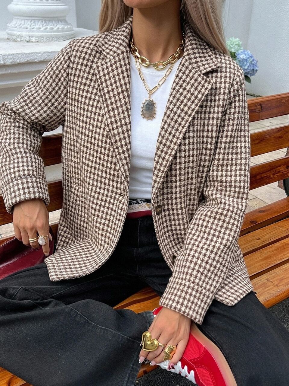 Women's Regular Fit Loose Brown Wool Blend Thermal Lined Jacket, Business Casual Office Style, Argyle Geometric Pattern, Streetwear Blazer, Autumn/Winter