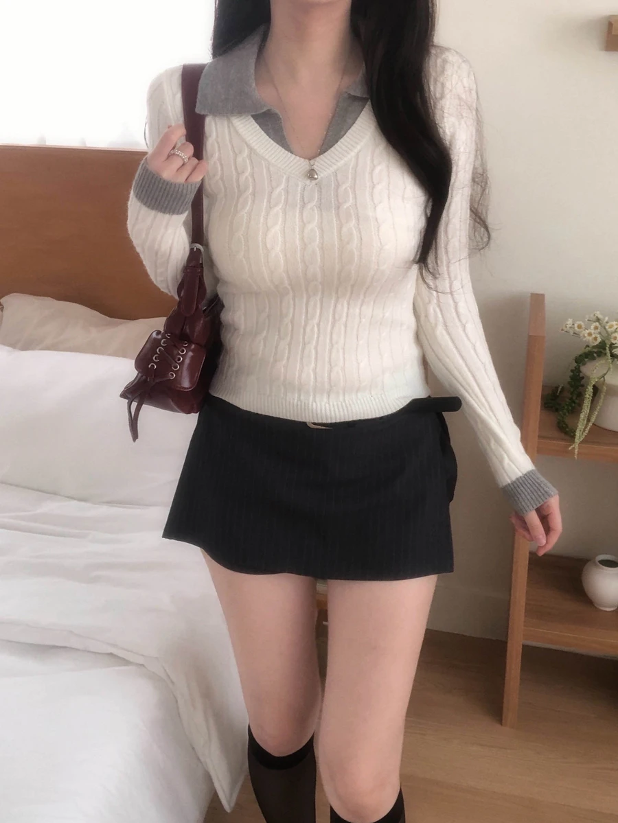 DAZY Suéter de mujer con cuello de solapa de color contrastante, manga larga, estilo coreano para otoño/invierno - Gris - Ver 1