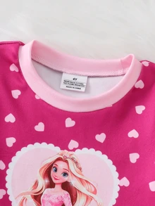2pcs/Set Young Girls Pajamas Cute Princess Print Long Sleeve Long Pants Knit Snug Fit Sleepwear Loungewear Set - Pink - View 5