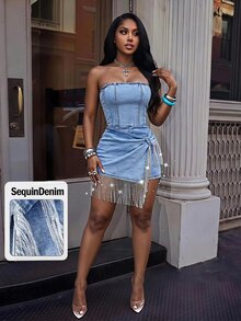 SHEIN MOD Women's Patchwork Sequin Tassel Hem Fashion Tube Top Denim Jumpsuit - Blue - View 1