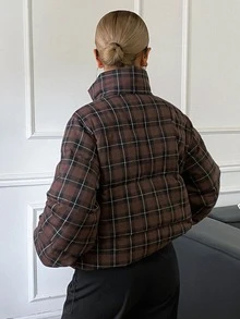 DAZY Women's Street Fashion Plaid Pocket Zipper Padded Coat - Burgundy - View 2