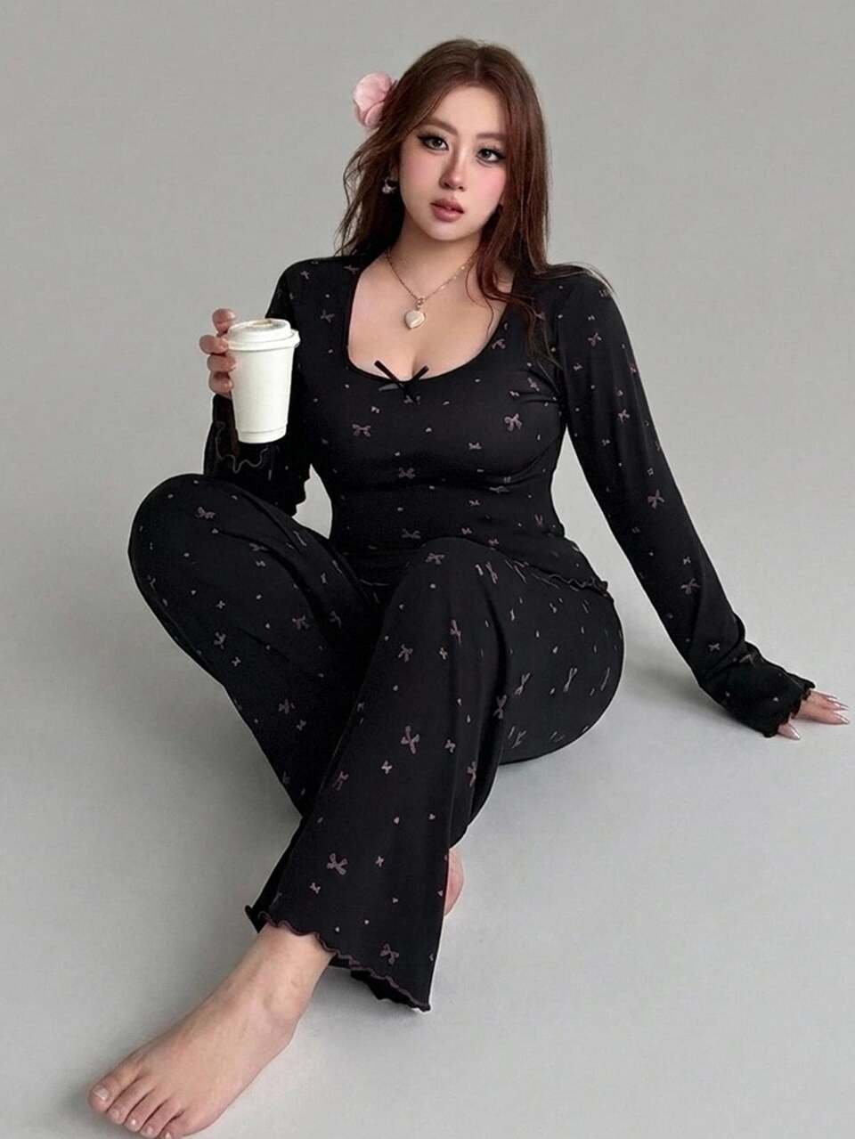 Dazy Plus 2pcs Bow Print Square Neck Fitted Long Sleeve T-Shirt & Straight Leg Long Pajama Pants Set