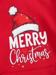 Kids Tween Boys Christmas Hat Print Thickened Crew Neck Long Sleeve Thermal Lined Autumn Winter Sweatshirt, Parent-Child Matching - Red - View 4