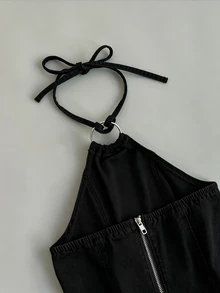 SHEIN Unity 女款休閒百搭日常牛仔吊帶短褲 - 黑色 - 查看 5