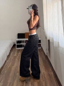 Muchica 女款秋季抓絨內裡休閒復古黑色藍色高腰寬腿牛仔褲 寬鬆直筒長褲 - 黑色 - 查看 5