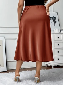 Comfylo Plus Size Women Solid Color Casual Versatile Daily Wear Skirt - Redwood - View 2