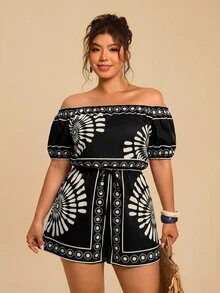 Travachic 大尺碼女款藍白花卉印花短版連身褲，露肩短袖收腰休閒連身褲，海島度假風 - 彩色 - 查看 1