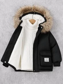 SHEIN 1件小男孩黑色連帽外套，保暖舒適，適合4-7歲小男孩在秋冬春季穿著。這件外套不僅適合上學，也適合居家穿著。無論是去學校還是待在家中，小男孩都可以穿這件百搭外套 - 黑色 - 查看 1