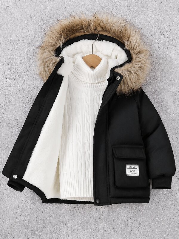 SHEIN 1pc Young Boys Black Hooded Jacket, Warm And Comfortable, Suitable For 4-7 Years Old Young Boys In Autumn, Spring And Winter. This Jacket Is Not Only Suitable For And School, But Also For Home Wear. Whether, Going To School Or Staying At Home, Young Boys Can Wear This Versatile Jacket