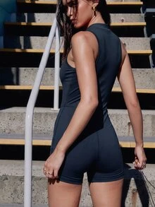 Aralina Solid Color Sleeveless Fitted Athletic Romper - Black - View 4