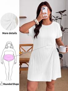 Enliva Plus Size Women Textured Fabric Round Neck Short Sleeve Shirt Dress, White Dress, Suitable For Spring/Summer Wear, St. Patrick's Day Special - White - View 2