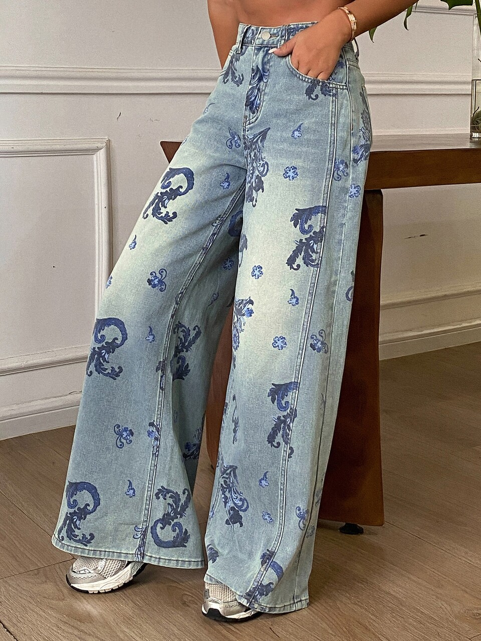 Women's Floral Print Straight Leg Street Casual Denim Jeans