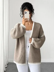 Elenzga Plus Size Women's Loose Lazy Flattering Slimming Thick Dropped Shoulder Long Sleeve Knit Cardigan - Khaki - View 4