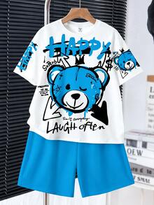 SHEIN 小男孩休閒簡約字母卡通印花短袖T恤短褲套裝 - 彩色 - 查看 2