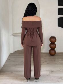 Vavine Women's Brown Contrast Lace Gold Rose Buckle Off-Shoulder Top And Long Pants Elegant Two Pieces Set - Coffee Brown - View 2