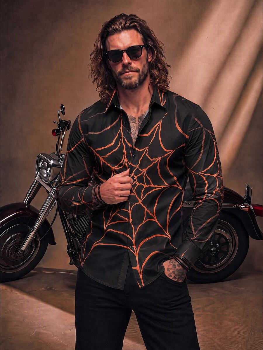 Fenqiro Men's Spider Web Print Long Sleeve Shirt - Multicolor - View 1