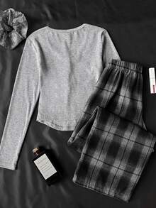 SHEIN Tween女孩格紋簡約長袖時尚休閒褲裝套裝 秋冬穿搭 - 灰色 - 查看 3