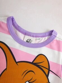TOM & JERRY X SHEIN Baby Girl Striped Round Neck Long Sleeve Casual Romper - Pink - View 3