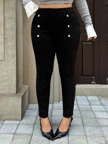 Rivivi Plus Size Women's Fitted Elastic Decorative Button Slim Long Pants - Black - View 3