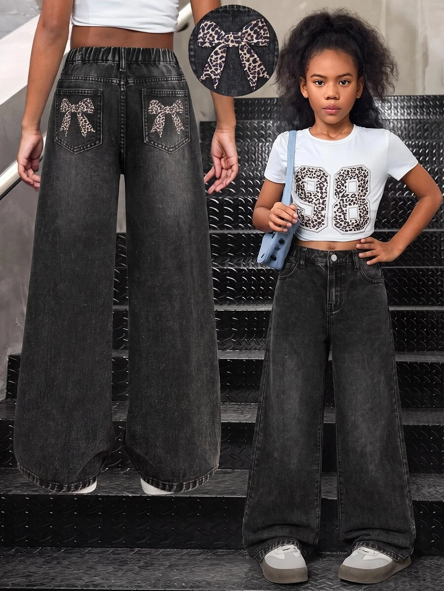 Tween Girl Y2k Fashion Casual Leopard Print Bow Pattern Black Denim Loose Jeans For Black To School - Black - View 1