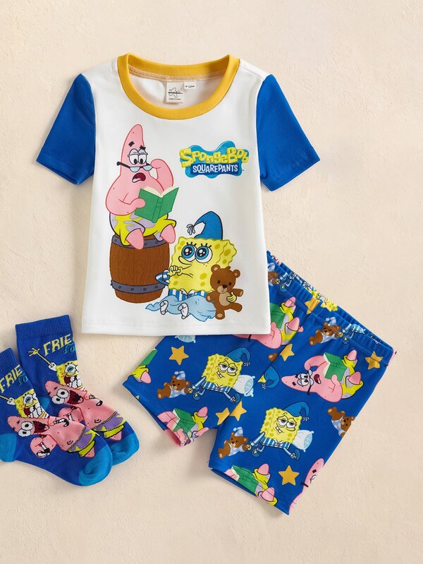 SpongeBob SquarePants | SHEIN 男嬰圓領短袖上衣與短褲居家休閒套裝