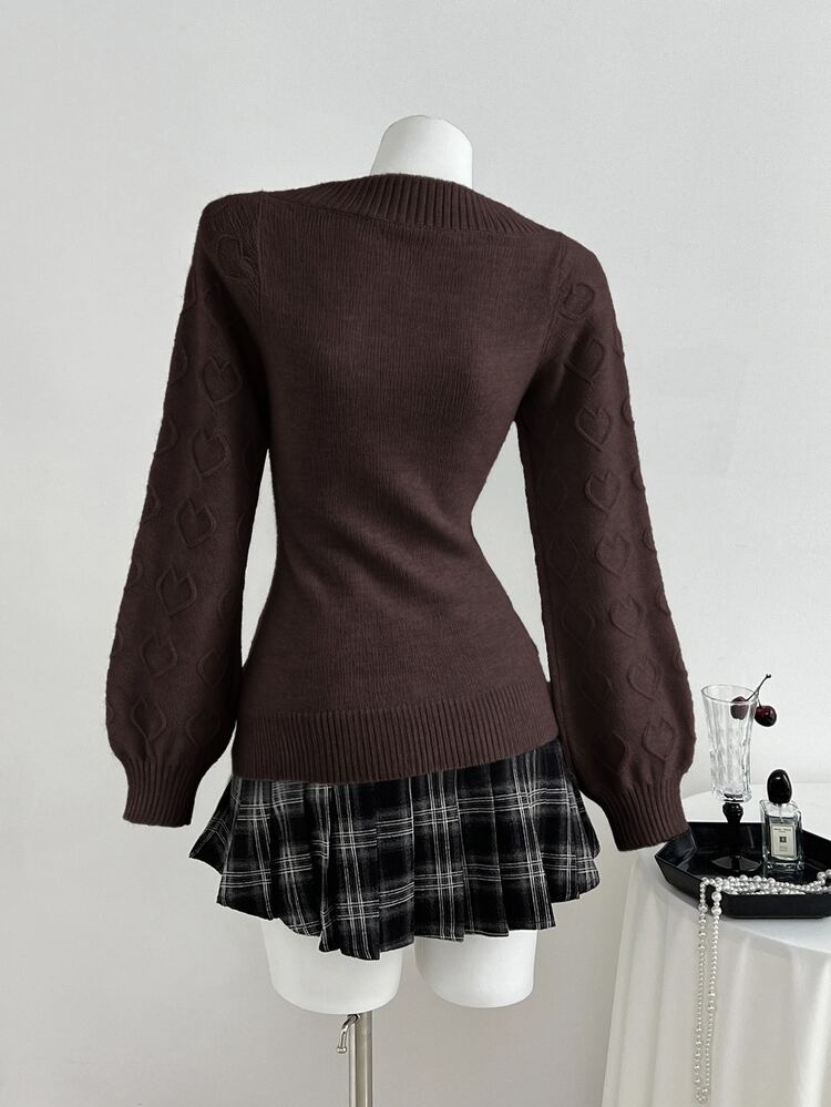 Elamini Sweet Heart Textured Lantern Sleeve Casual Versatile Women's Sweater - Brown - View 2